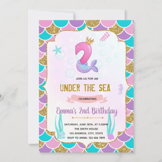 Cute mermaid 2ème anniversaire invitation (Devant)
