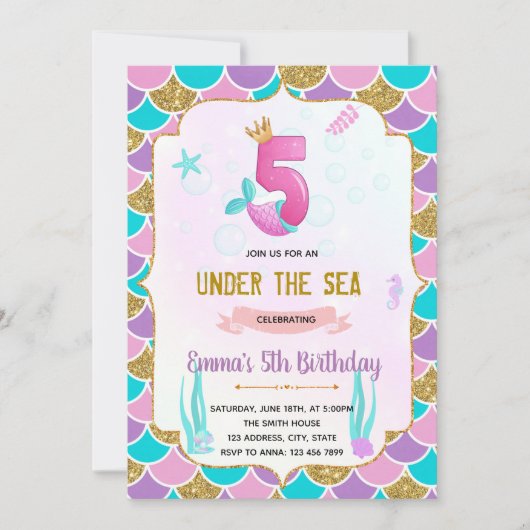 Cute mermaid 5e anniversaire invitation (Devant)