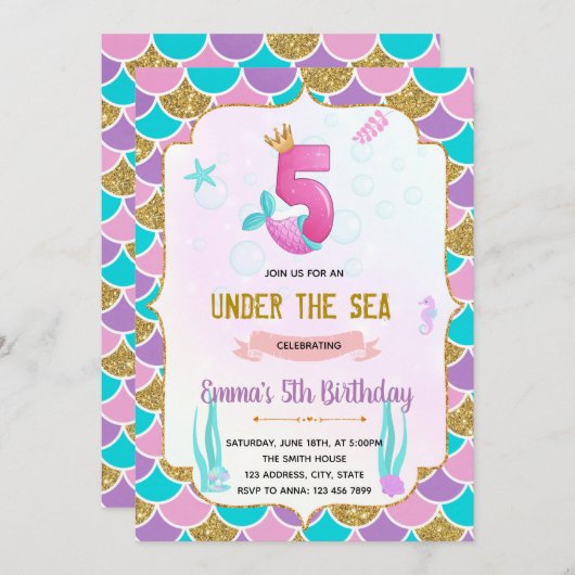 Cute mermaid 5e anniversaire invitation (Devant / Derrière)