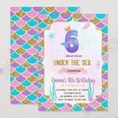 Cute mermaid 6e verjaardag uitnodiging (Voorkant / Achterkant)