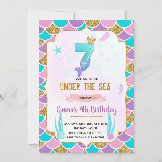 Cute mermaid 7e anniversaire invitation (Devant)