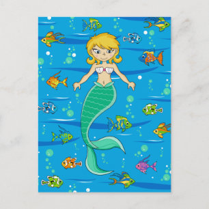 Cute Mermaid and Fish Briefkaart