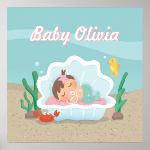 Cute Mermaid Baby Girl Nursery Decor Poster