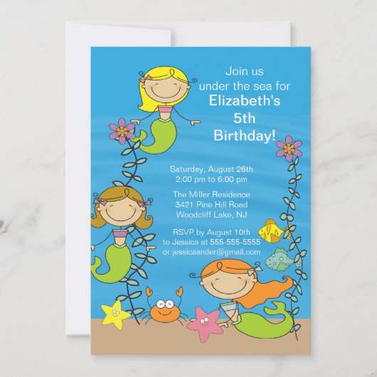 Cute Mermaid Birthday Invitation Kaart (Voorkant)