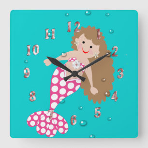 Cute Mermaid Decor Wall Clock Vierkante Klok