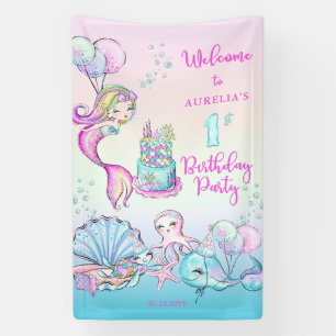Cute Mermaid Eerste verjaardag van Zee Girl Spandoek