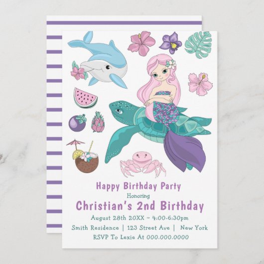 Cute Mermaid et ses amis 2e Invitations d'annivers (Devant / Derrière)
