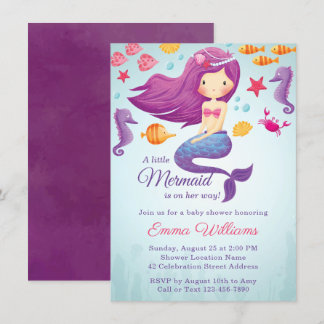 Cute Mermaid Girl Baby shower Invitation - Paars Kaart