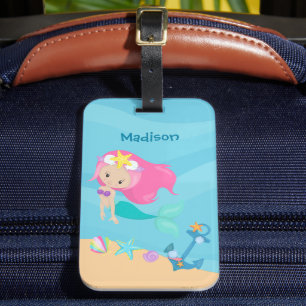 Cute Mermaid Girl Beach Personated Kinder Summer Bagagelabel