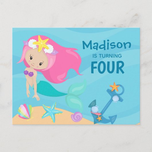 Cute Mermaid Girl Custom Birthday Party Invitation Briefkaart (Voorkant)
