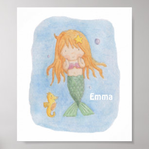 Cute Mermaid Girl en Seahorse Print Poster