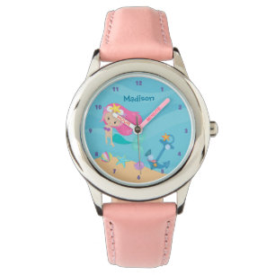 Cute Mermaid Girl Personalized Beach Kinder Name Horloge