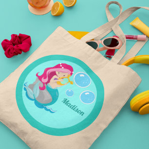 Cute Mermaid Girl Persoonlijke Blauwgroen Kinderen Tote Bag