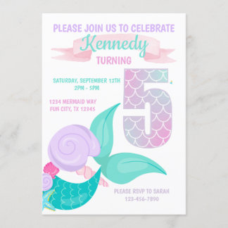 Cute Mermaid Girls 5th Birthday Party Invitation Kaart