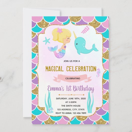 Cute mermaid narval thème invitation (Devant)