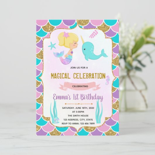 Cute mermaid narval thème invitation (Debout devant)