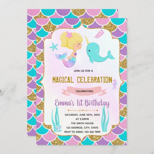 Cute mermaid narval thème invitation (Devant / Derrière)