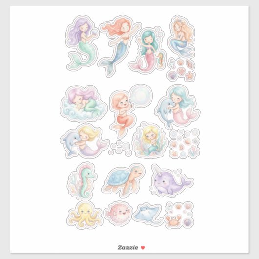 Cute Mermaid & Ocean Animals Sticker Set – Pastel (Feuille)