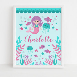 Cute Mermaid Personalized Girl Nursery Wall Art Poster