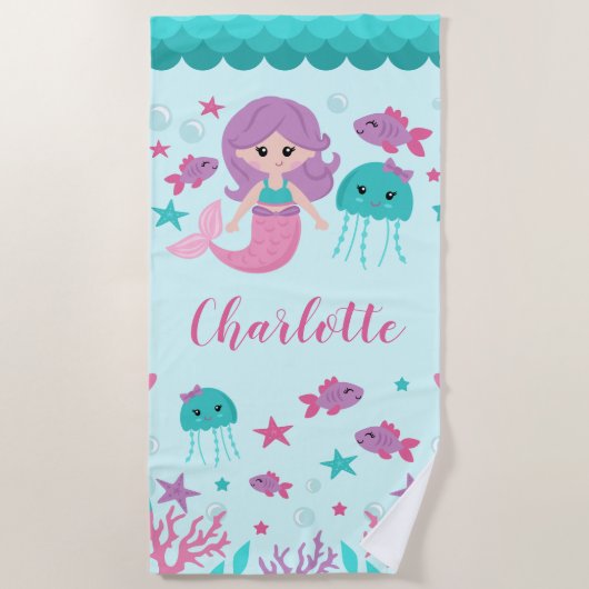 Cute Mermaid Personalized Girl Strandlaken (Voorkant)