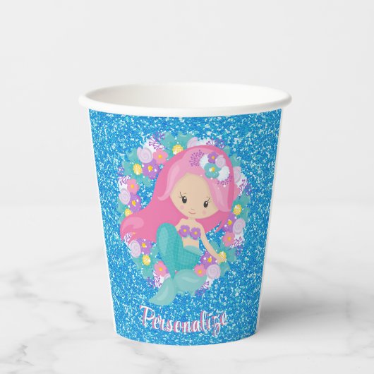 Cute Mermaid Pink Blue Glitter Personated Papieren Bekers (Voorkant)