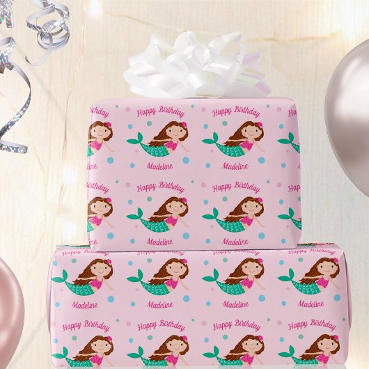 Cute Mermaid Pink Personalized Birthday Cadeaupapier
