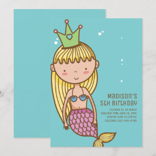 Cute Mermaid Princess Birthday Party Invitation Kaart