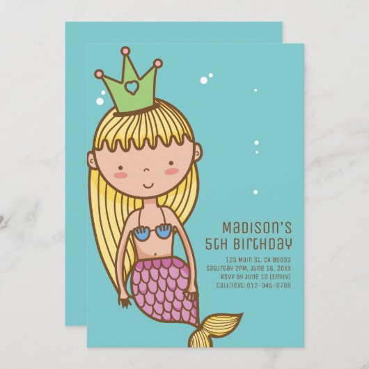 Cute Mermaid Princess Invitation de fête d'anniver (Devant / Derrière)