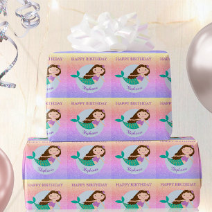 Cute Mermaid Rainbow Glitter Personalized Birthday Cadeaupapier