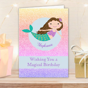 Cute Mermaid Rainbow Glitter Personalized Kaart