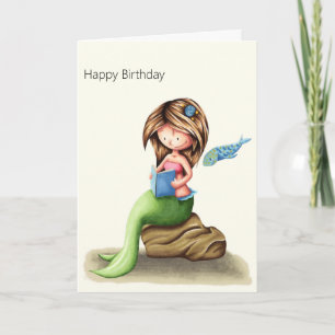 Cute Mermaid Reading Personated Happy Birthday Kaart