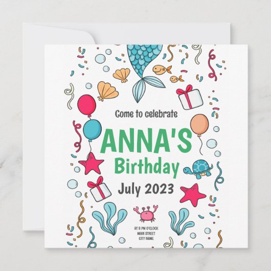Cute Mermaid Tail, Mermaid Invitation Anniversaire (Devant)