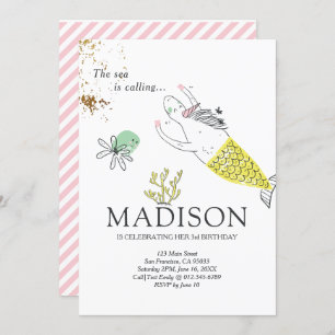 Cute Mermaid Unicorn Faux Gold Birthday Invitation Kaart
