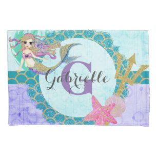 Cute Mermaid Waterverf Blauwgroen en Paars monogra Kussensloop
