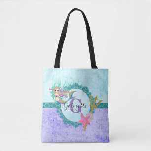 Cute Mermaid Waterverf Blauwgroen en Paars monogra Tote Bag