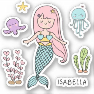 Cute Mermaid Whimsical Girly Persoonlijke naam Sticker