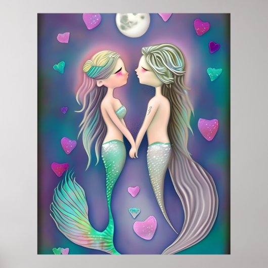 Cute Mermaids love Valentijn Day gift Poster (Voorkant)