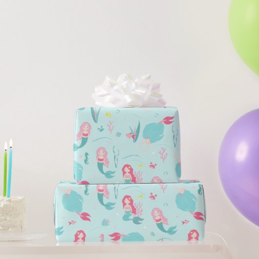 Cute Mermaids Pink en Turquoise Pattern Cadeaupapier (Feestgeschenken)