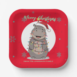 Cute merry Hippo christmas tree zoo safari Xmas Papieren Bordje