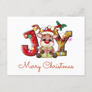 Cute Merry Kerstkalf Joy Santa Hat Holly Star Feestdagenkaart