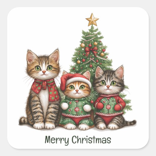 Cute Merry kerstkatten Vierkante Sticker (Voorkant)