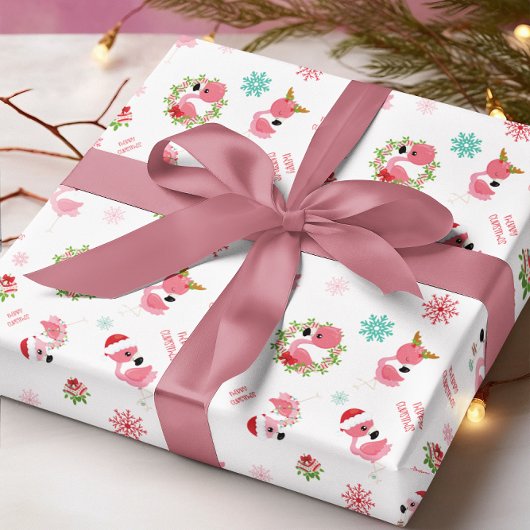 Cute Merry Kerstmis Flamingo Snowflake Cadeaupapier