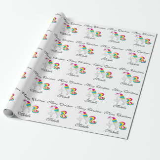 Cute Merry Kerstmis Personalize Name with Unicorn Cadeaupapier