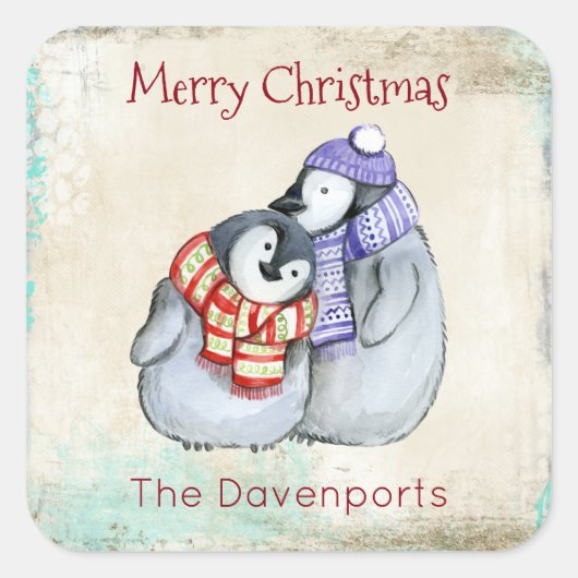 Cute Merry Kerstpinguins Vierkante Sticker (Voorkant)
