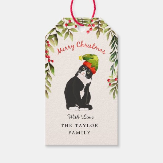 Cute Merry Red Berries Black Cat Lovers Cadeaulabel (Voorkant)