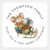 Cute Mice Sleigh Name Merry Kerstry Vierkante Sticker (Voorkant)