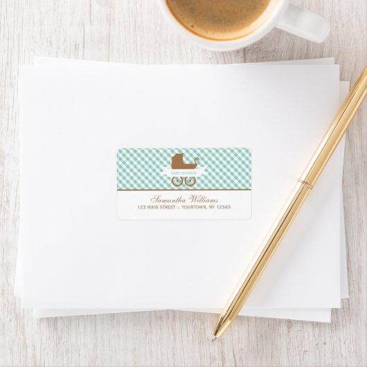 Cute Mint Gingham Pattern and Baby Carriage Etiket (Insitu)