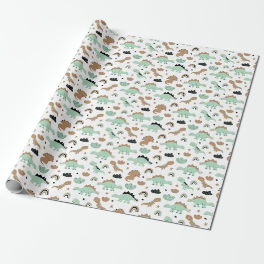 Cute Mint Green Dinosaur Pattern Cadeaupapier (Uitgerold)