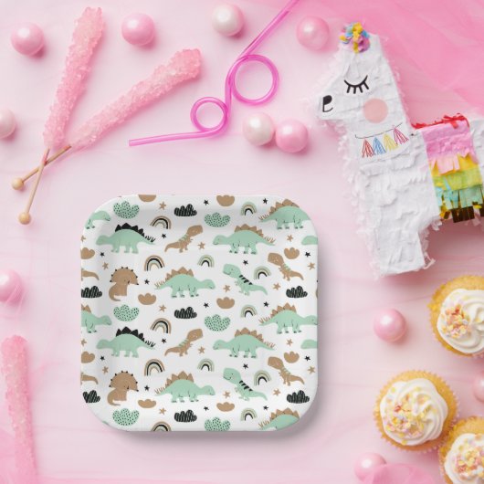 Cute Mint Green Dinosaur Pattern Papieren Bordje (Feest)
