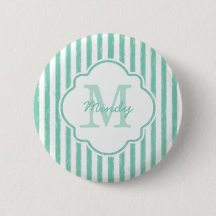 Cute Mint Green Painted Stripes Monogram en Naam Ronde Button 5,7 Cm